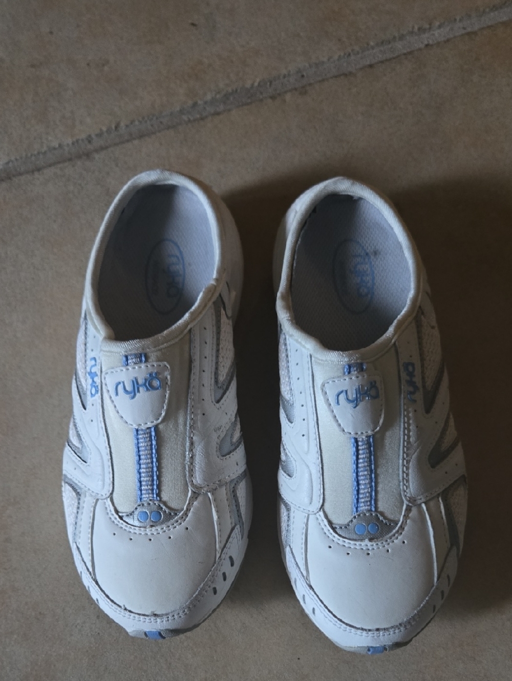 Ryka Rocker White & Light Blue Slip-On Sneakers Mules EUC size 5